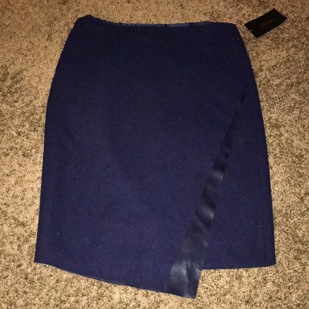 Zara limited edition wool n leather navy asymmetric wrap pencil skirt NWT